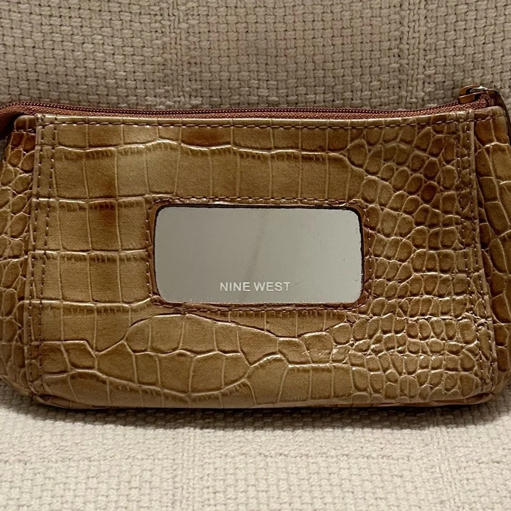 NINE WEST Brown Crocodile Embossed Cosmetic Bag